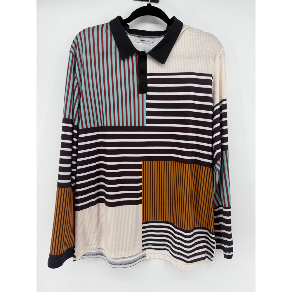 HAWALILI Menswear XL Long Sleeve Polo Shirt Striped Patchwork‎ Casual Top